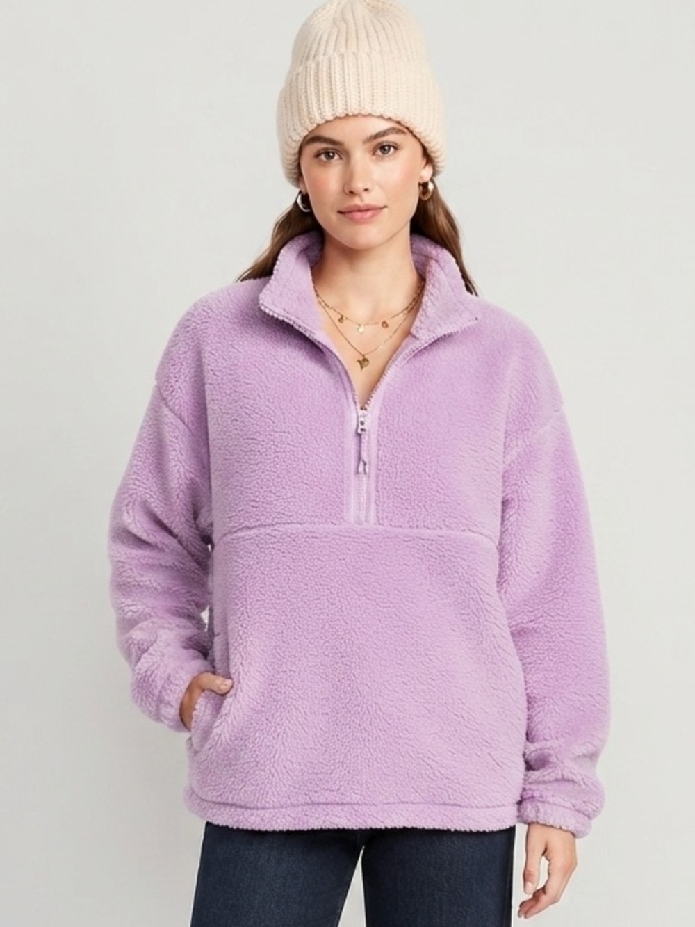 Women's Lavender Sherpa Quarter-Zip Pullover Sweatshirt Cozy Fleece